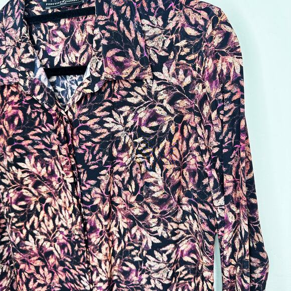 Peruvian Connection Leaf Print Silk Long Sleeve Collared Tunic Shirt Dress Med - Picture 4 of 14